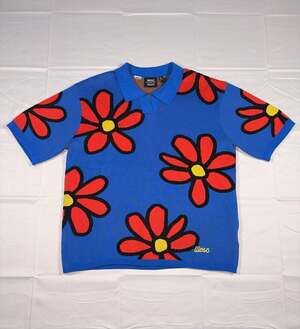 WeSC Unisex Suomi Blue Daisy Patterned Short Sleeve Knitted Polo Cardigan Sweate